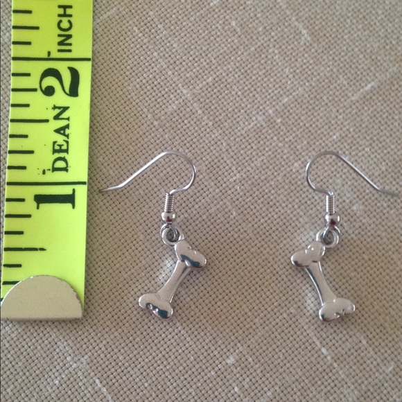 HAND CRAFTED Dog Bone Earrings Silver Toned Pierced - Picture 3 of 4